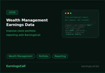 Wealth management earnings data workflow using portfolio reporting API showing transcript ingestion and client report generation