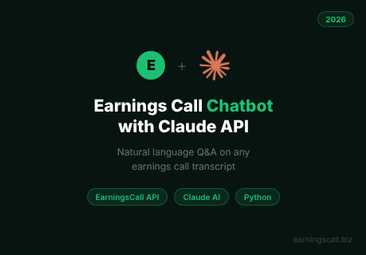 Earnings call chatbot architecture showing user query flowing through EarningsCall API and Claude AI to produce a conversational financial response