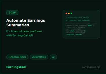 Financial news automation pipeline for earnings call summarization API showing transcript ingestion, AI processing, and content publishing