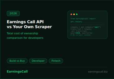 Earnings call API vs building earnings call scraper comparison showing coverage structure reliability and total cost of ownership