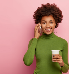 woman with calls friend via mobile phone